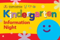 A blue smiley face against a yellow and red background. Text reads, "Kindergarten Information Night"